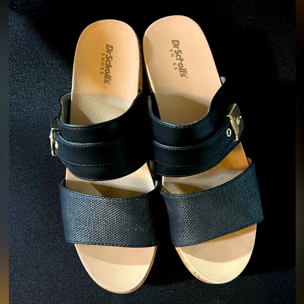 Dr. Scholls cork platform 2 strap sandal with gold buckle detail